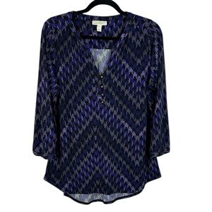 Dana Buchman Printed Roll Tab Blouse Large Purple Black Geometric V-Neck Top